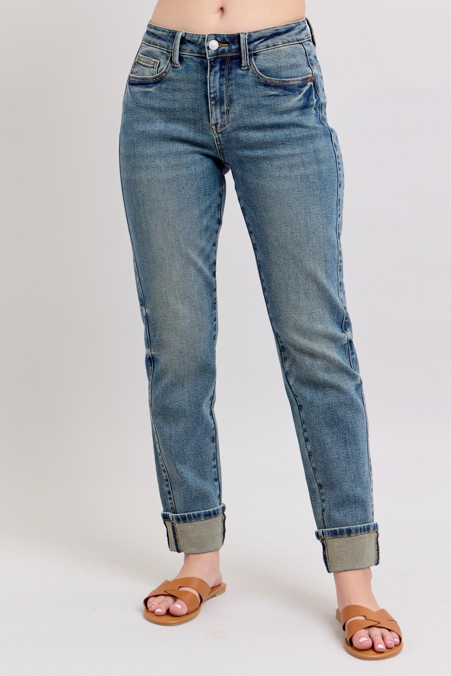 Judy Blue MR Vintage Wash Double Roll Cuff Boyfriend Jean