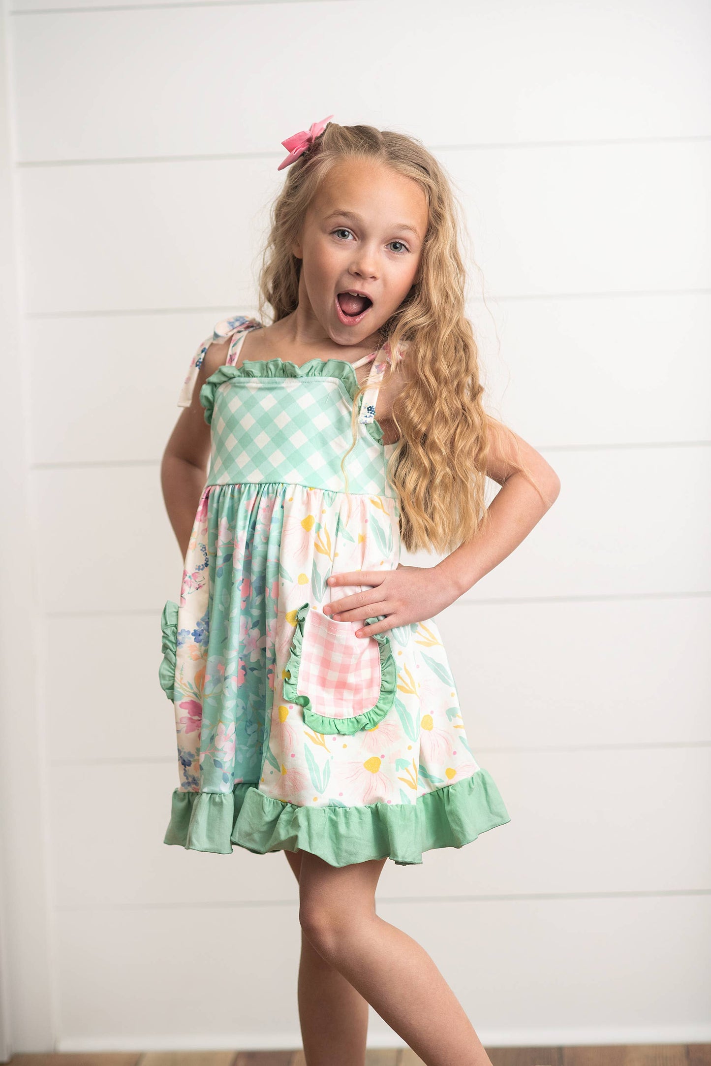 Girls Mint Gingham Ruffle Dress