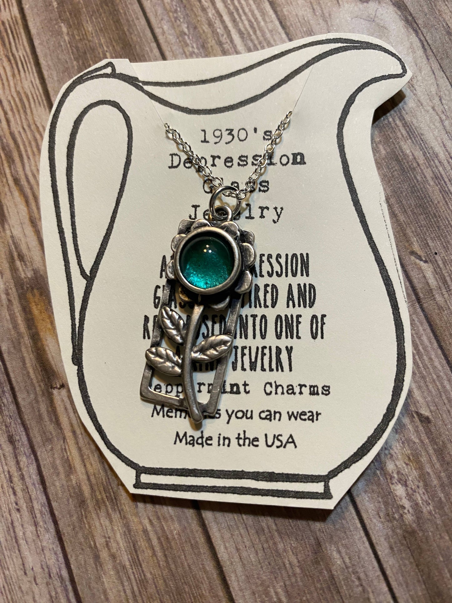 Teal Flower Depression Glass Necklace