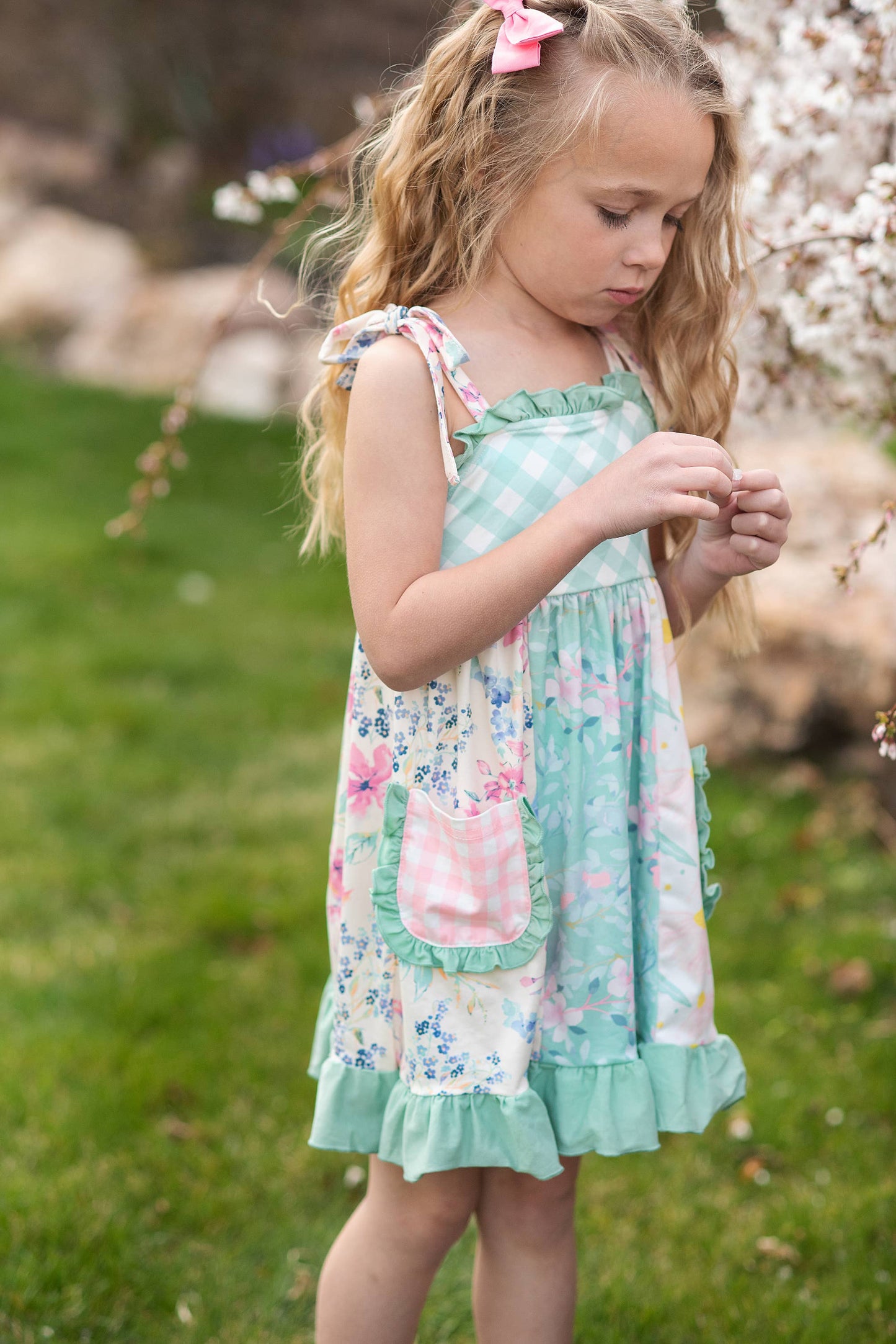 Girls Mint Gingham Ruffle Dress