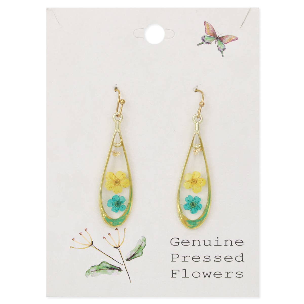 Yellow Flower Gold Teardrop Dried Flower Earrings