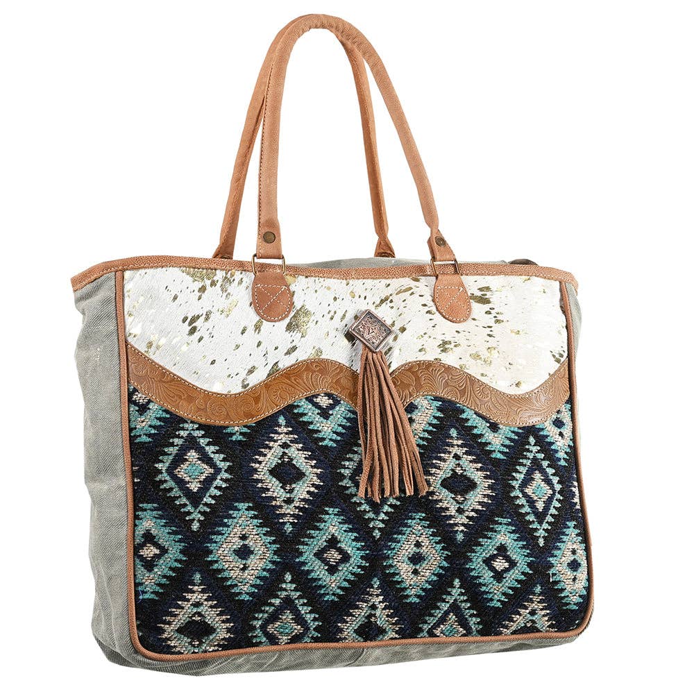 Blue Wool Leather and Canvas Tote Bag