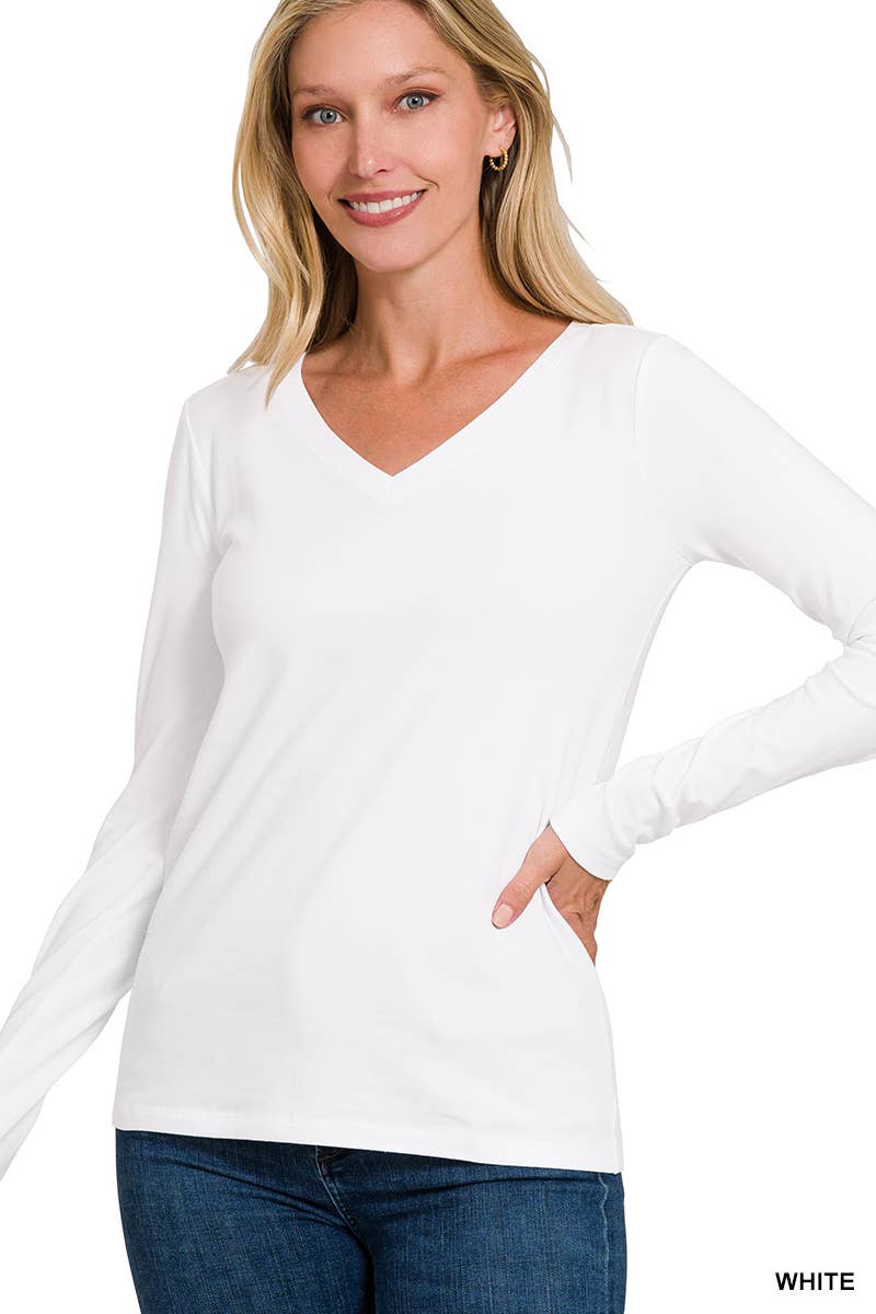 White V-Neck Long Sleeve Shirt