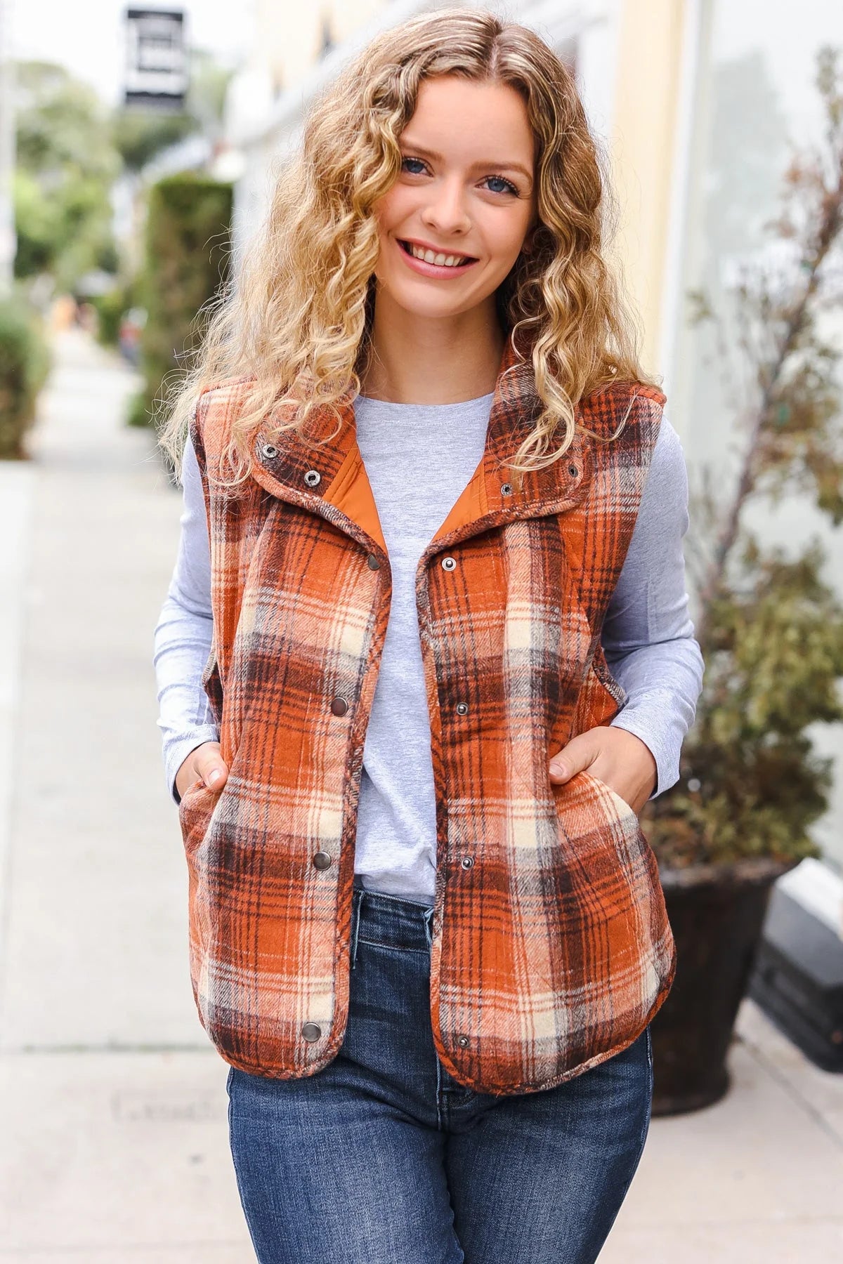 Rust Taupe Plaid Quilted Puffer Vest