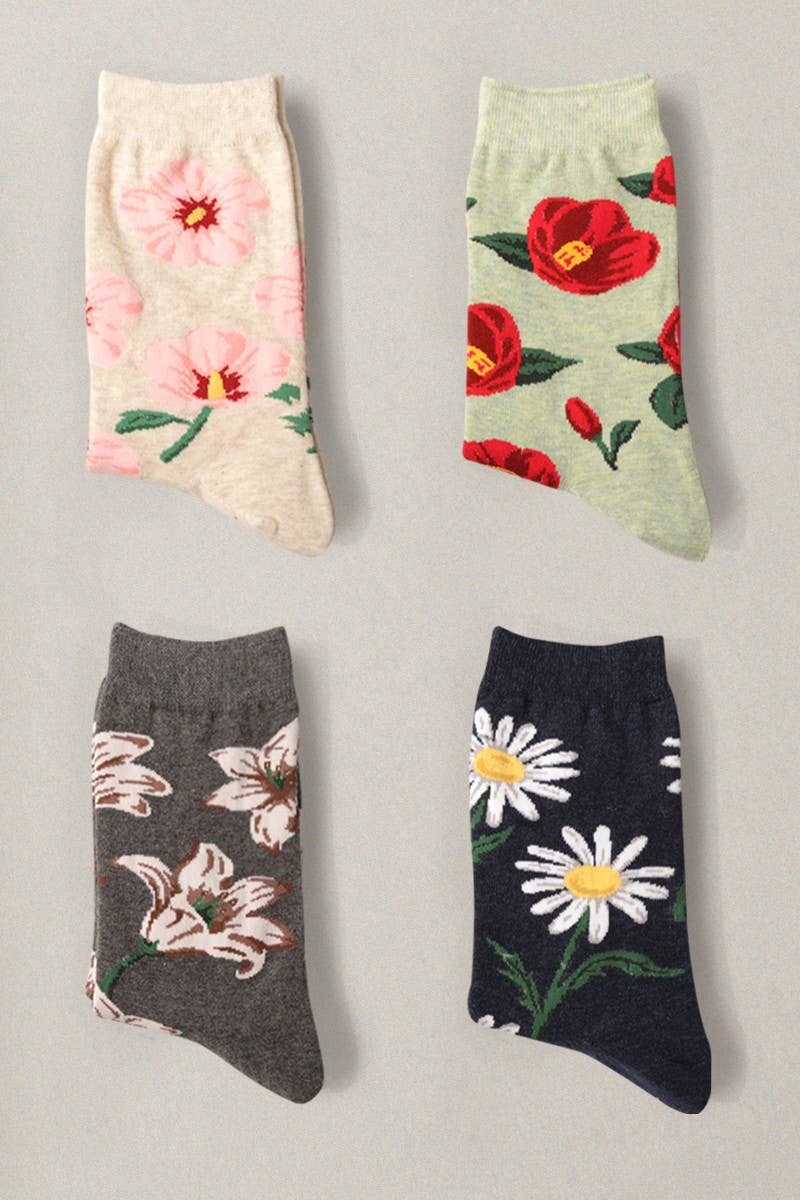 Flower Pattern Cotton Blend Crew Socks