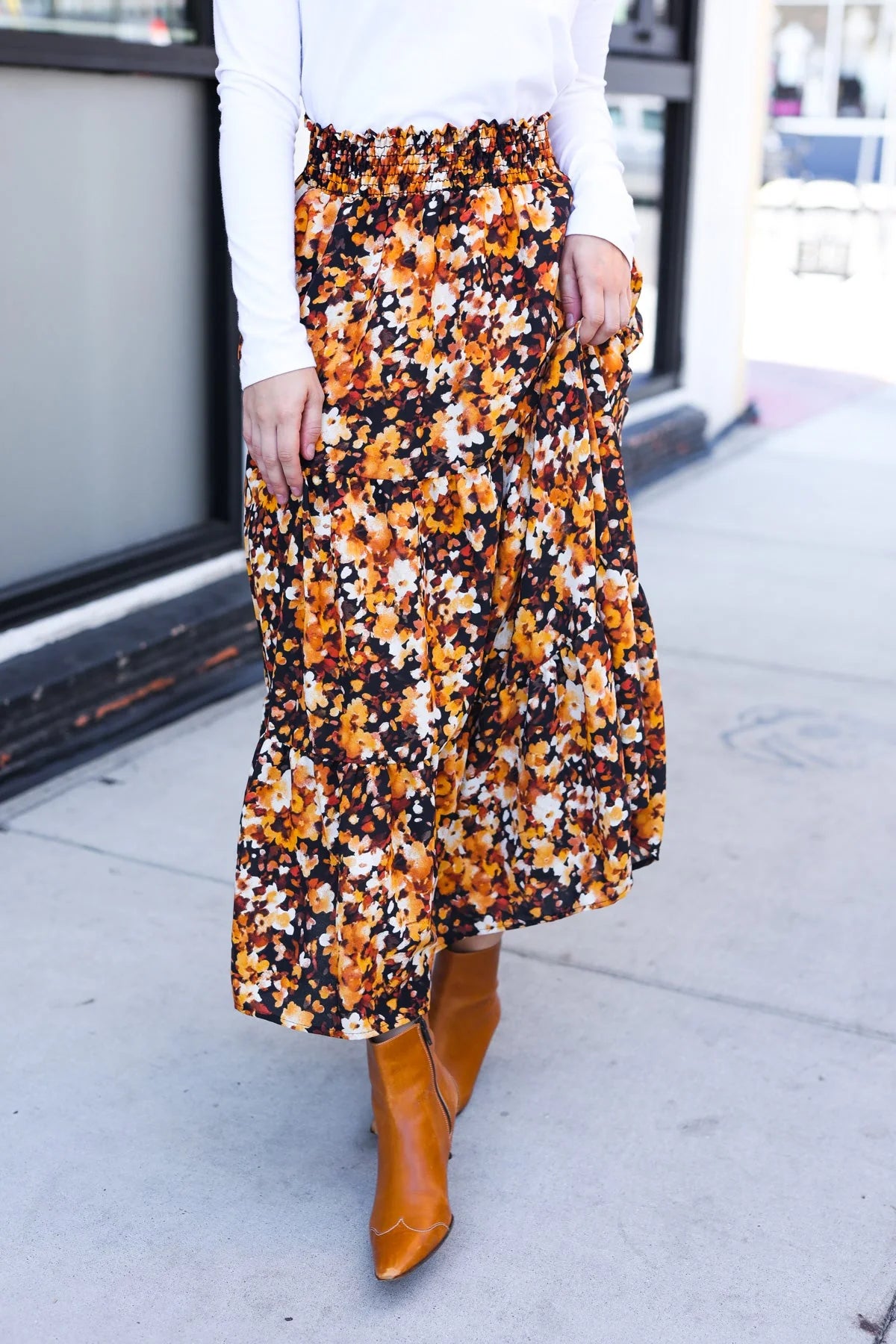 Black Floral Tiered Midi Skirt