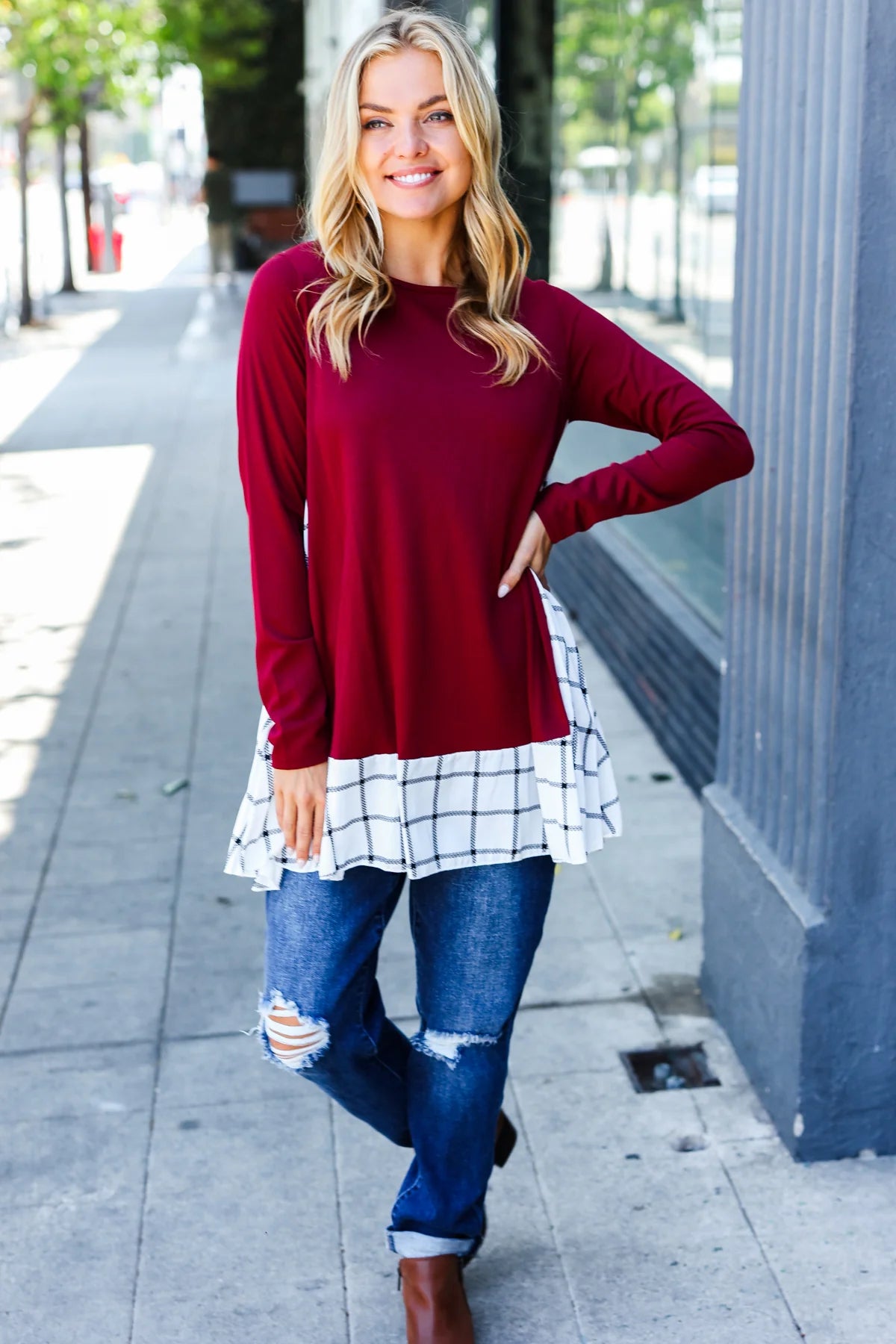 Burgundy Plaid Tunic with Pockets