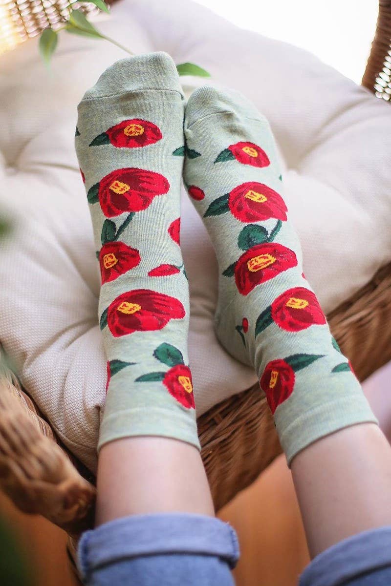 Flower Pattern Cotton Blend Crew Socks