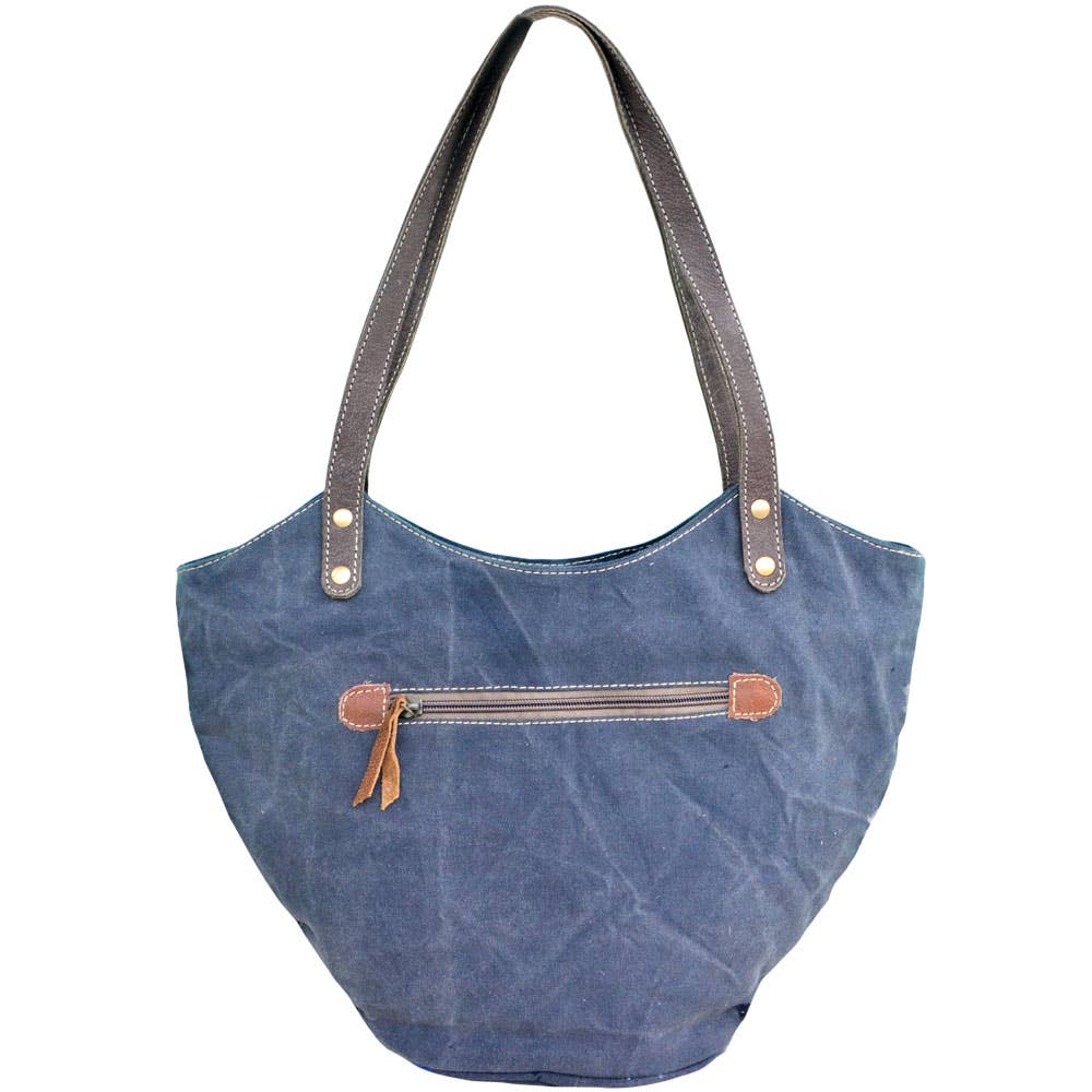 Blue Canvas Embroidered Flower Bag