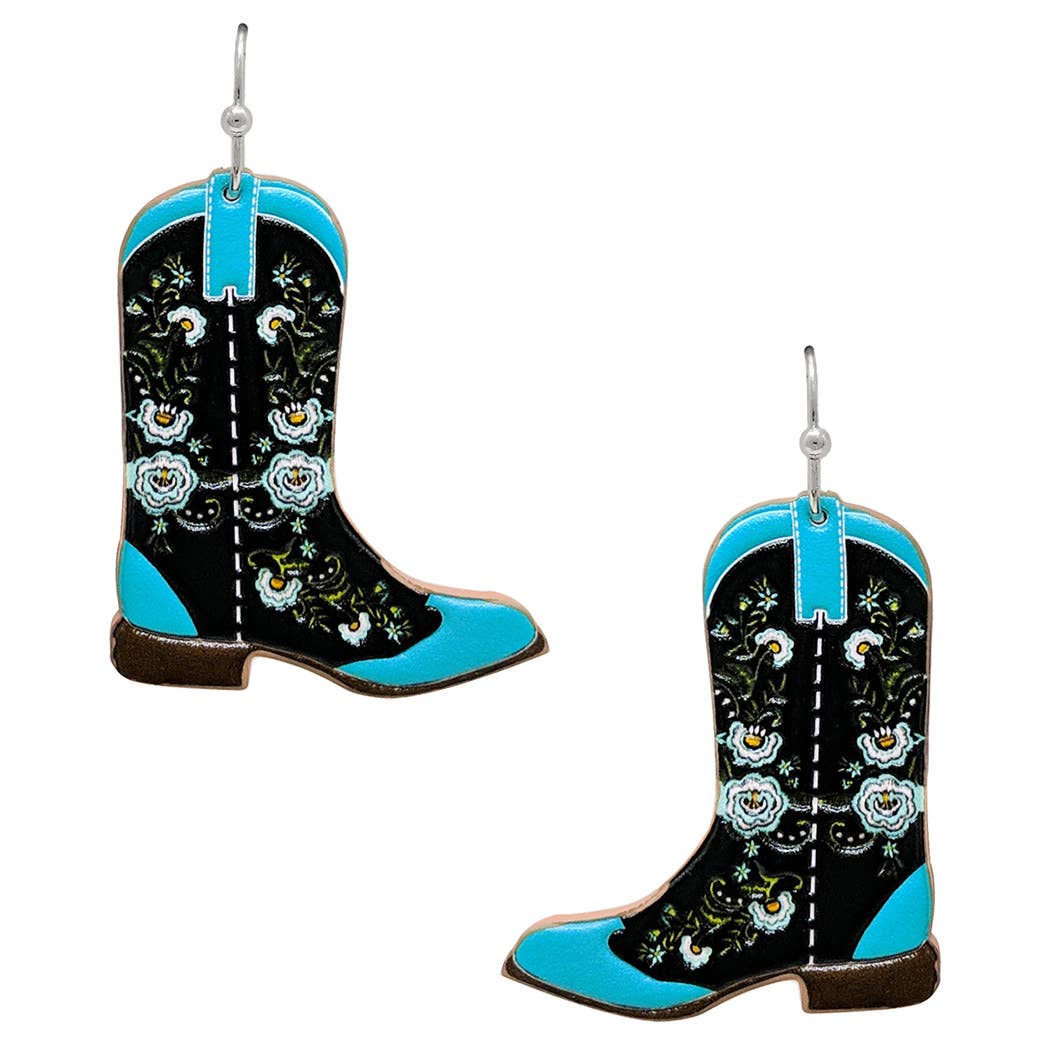 Floral Cowboy Boots Leather Hook Earrings