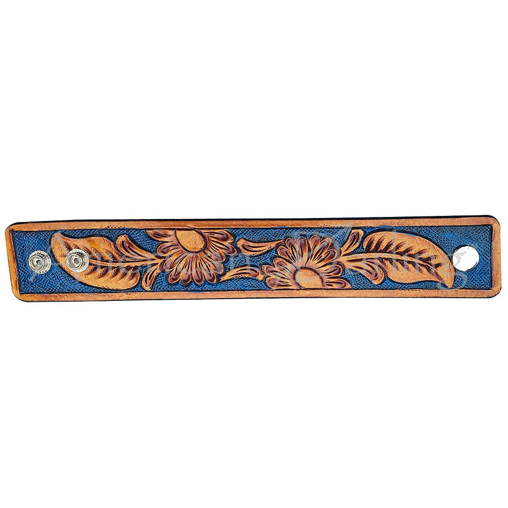 Blue Sunflower Hand Tooled Genuine Leather Bracelet