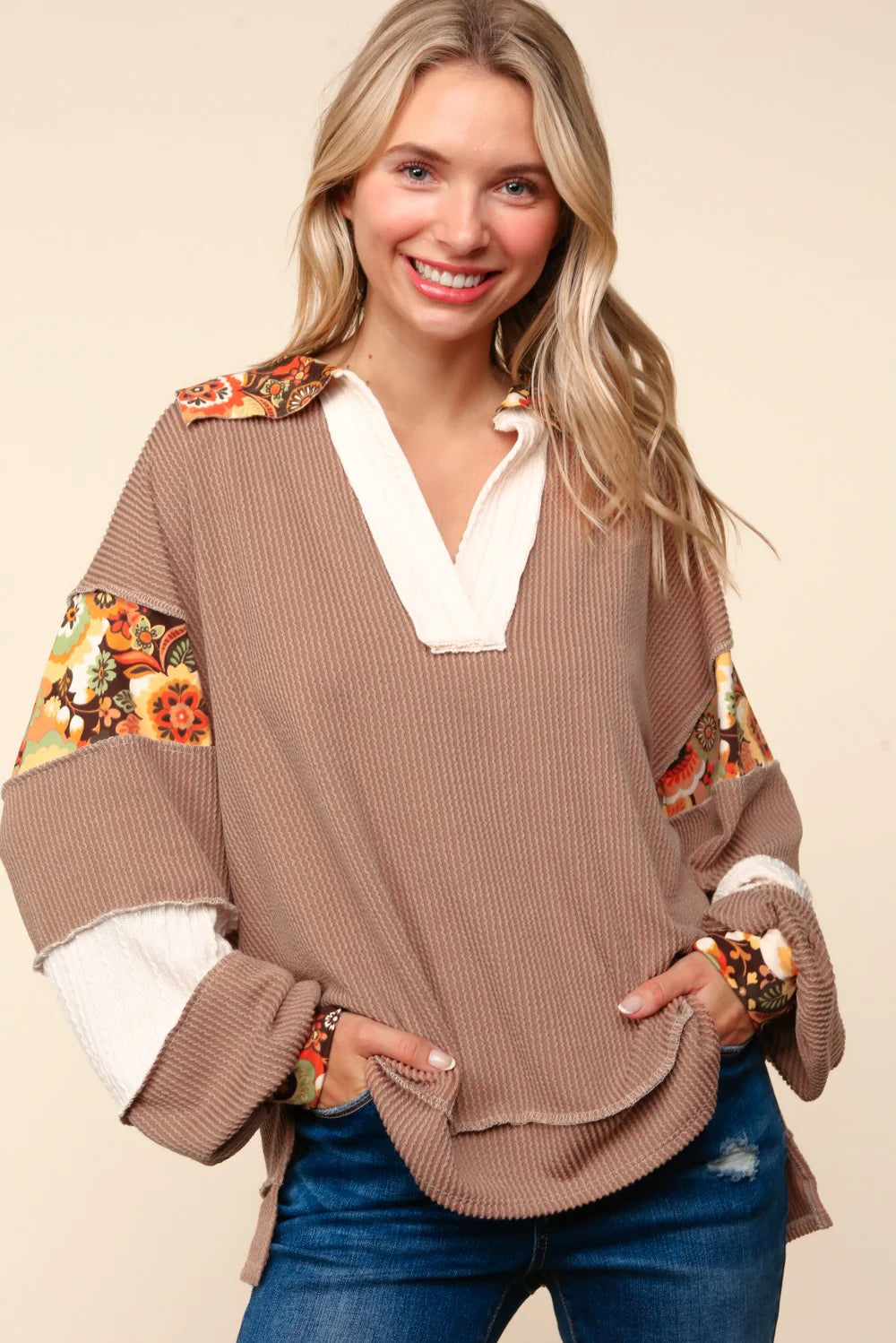 Drop Shoulder Color Block Knit Top