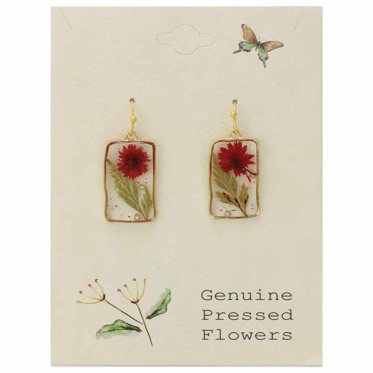 Red Dried Flower Rectangle Earrings