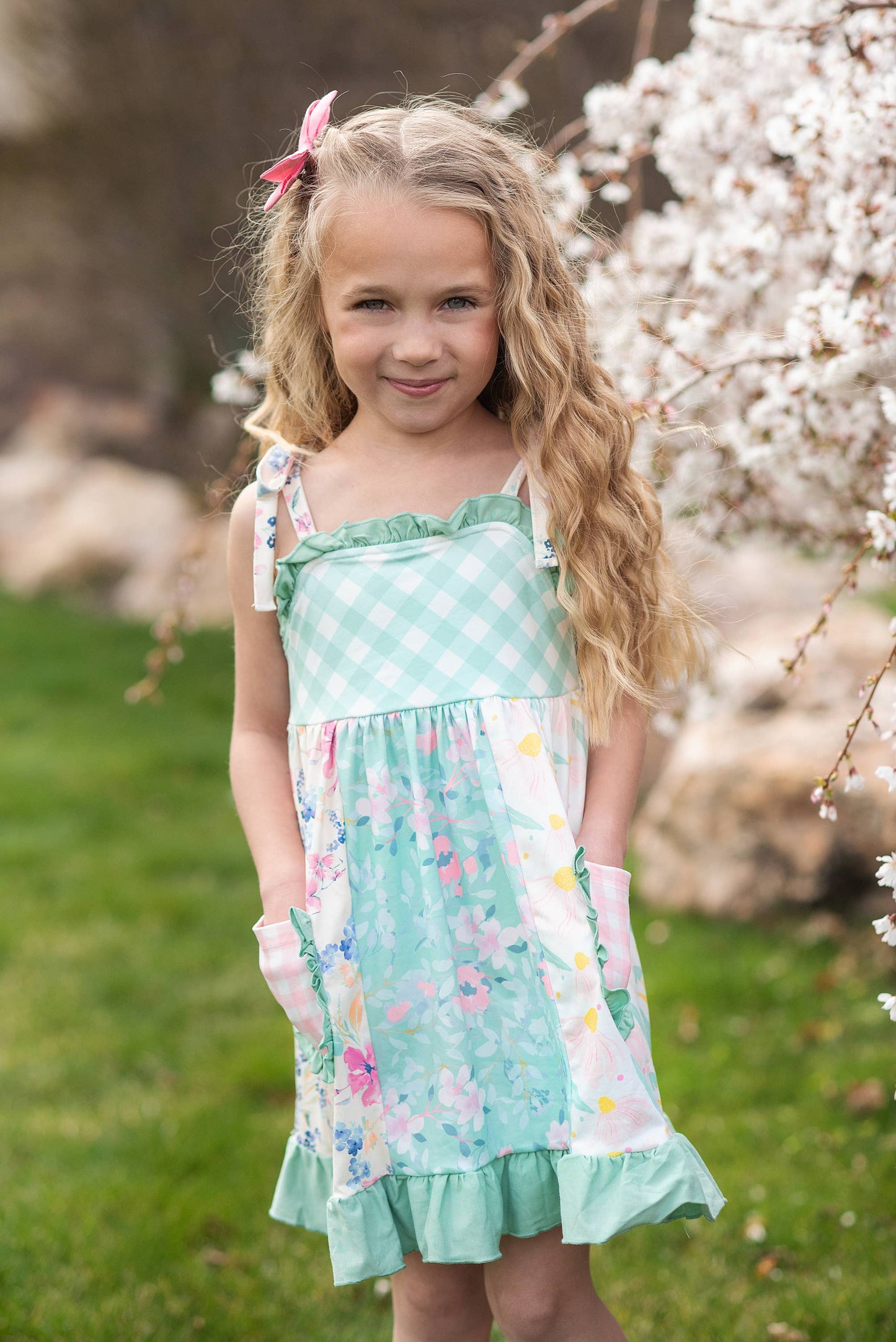 Girls Mint Gingham Ruffle Dress