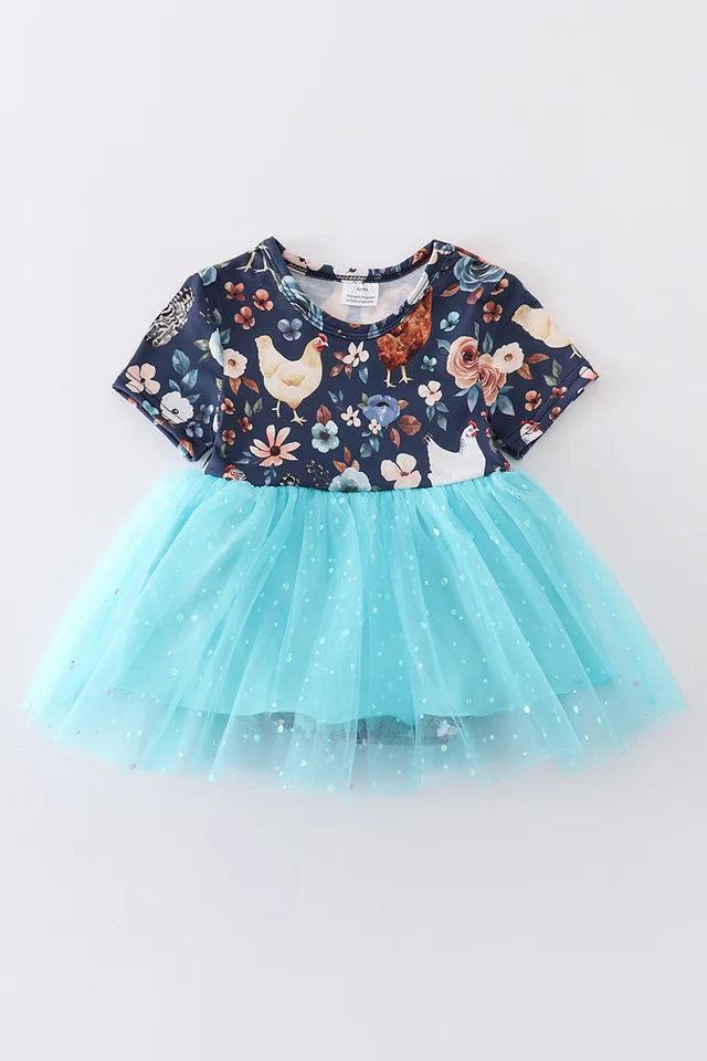 Girls Floral Chicken Print Dress