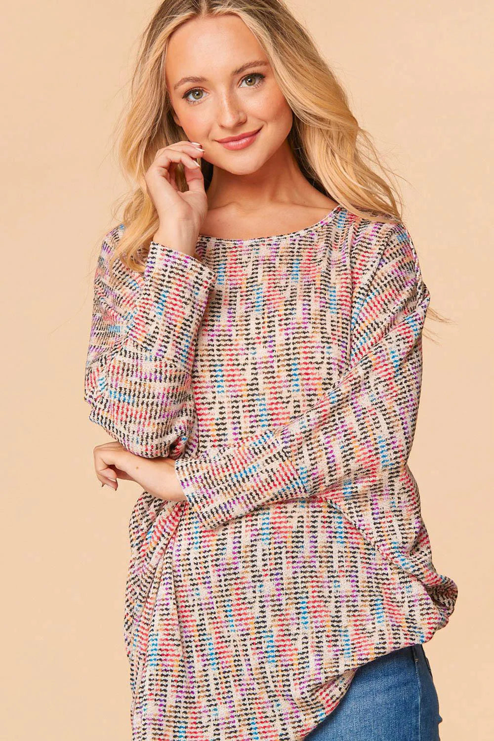Multi-Colored Jacquard Dolman Slouchy Knit Top