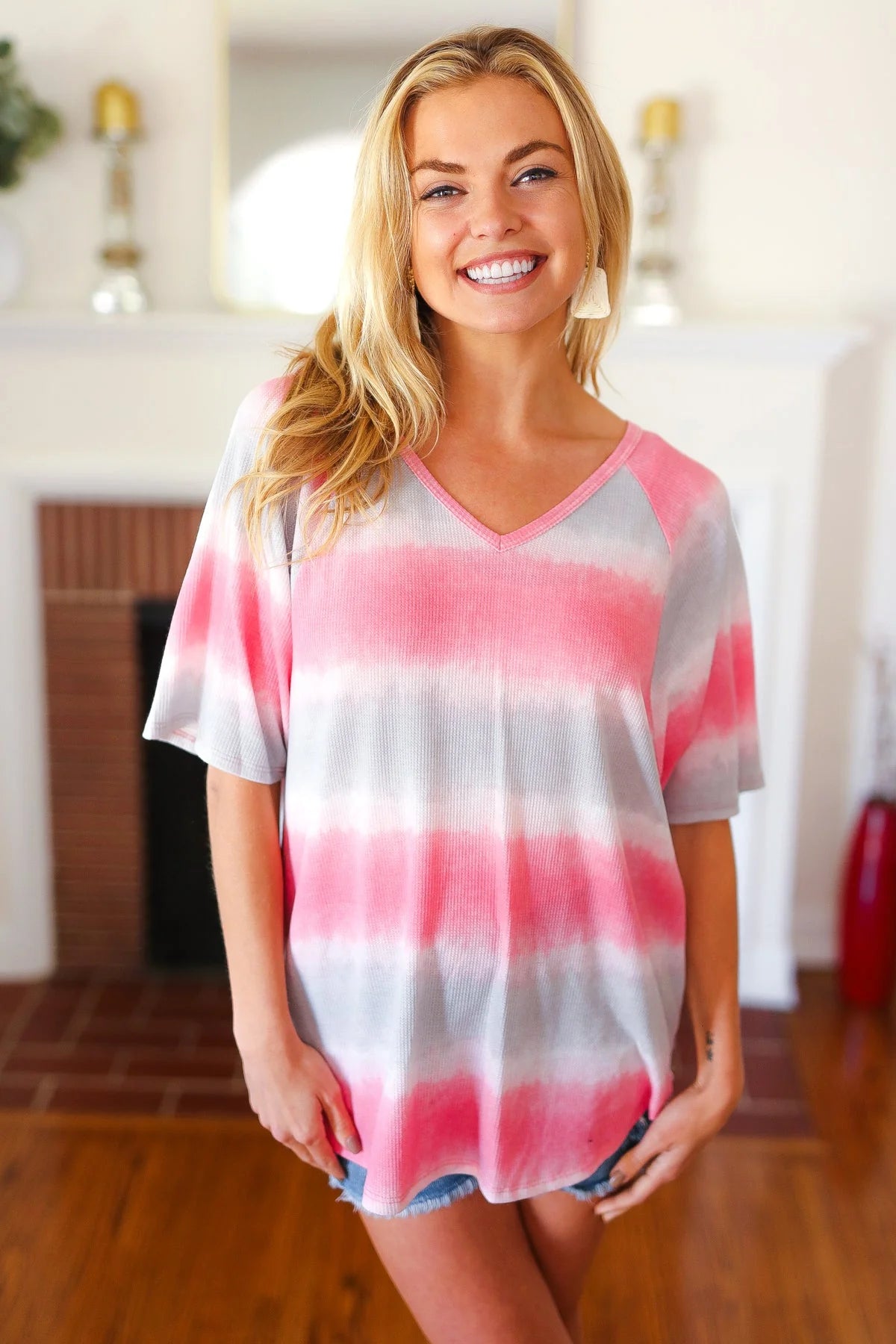 Pink & Grey Tie Dye Stripe V Neck Top