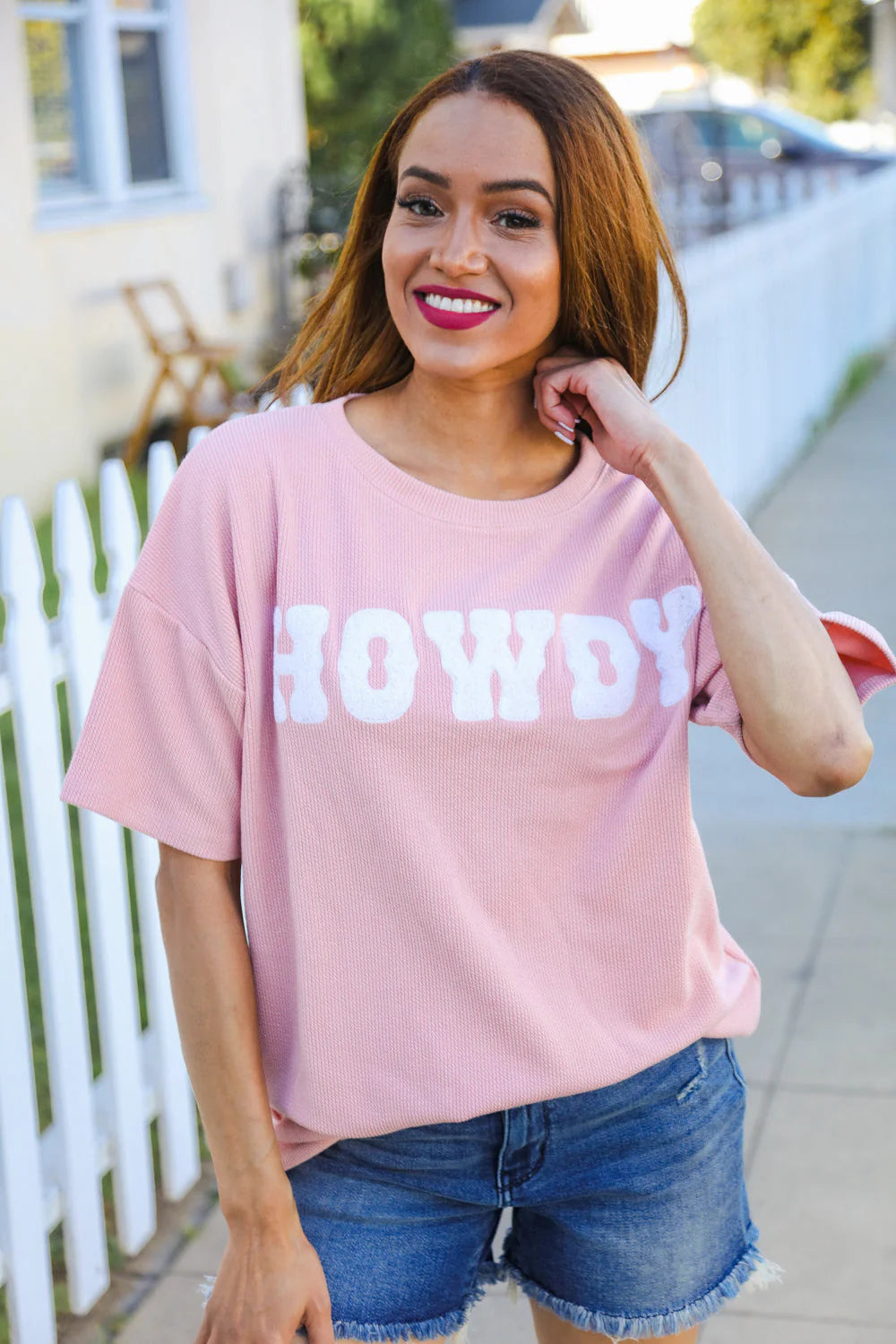 Pink Embroidered HOWDY Top