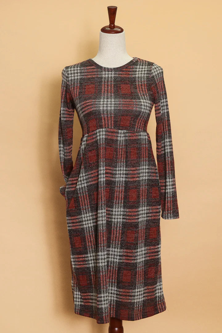 Plaid Long-Sleeve Pocketed Dress