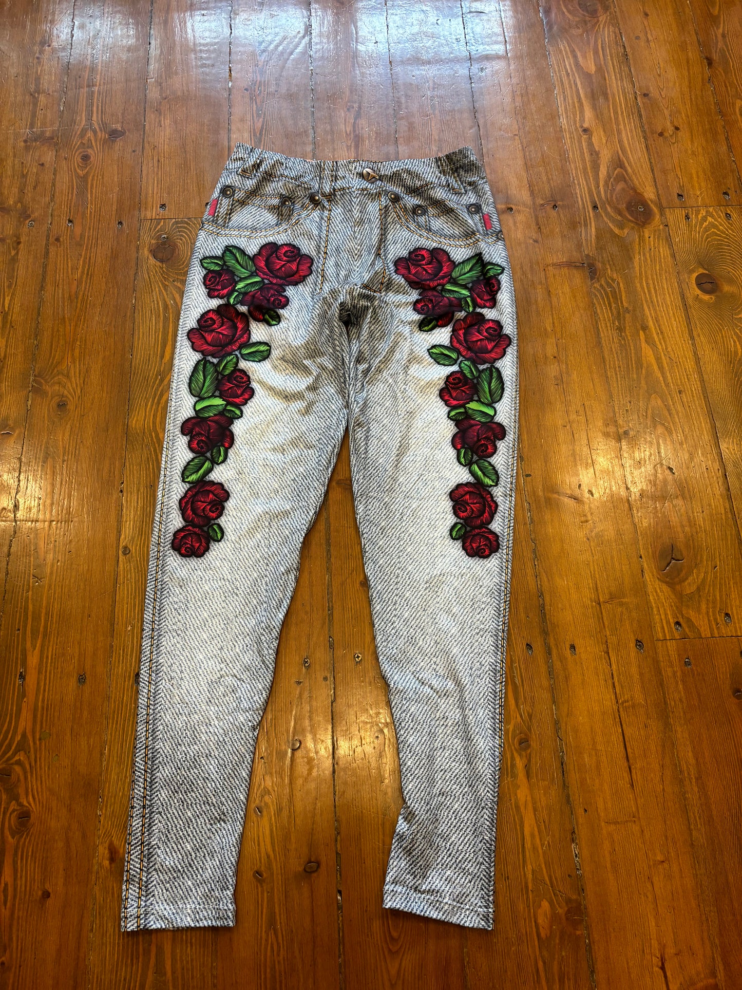 Soft Light Blue Denim Rose Leggings - Plus Size