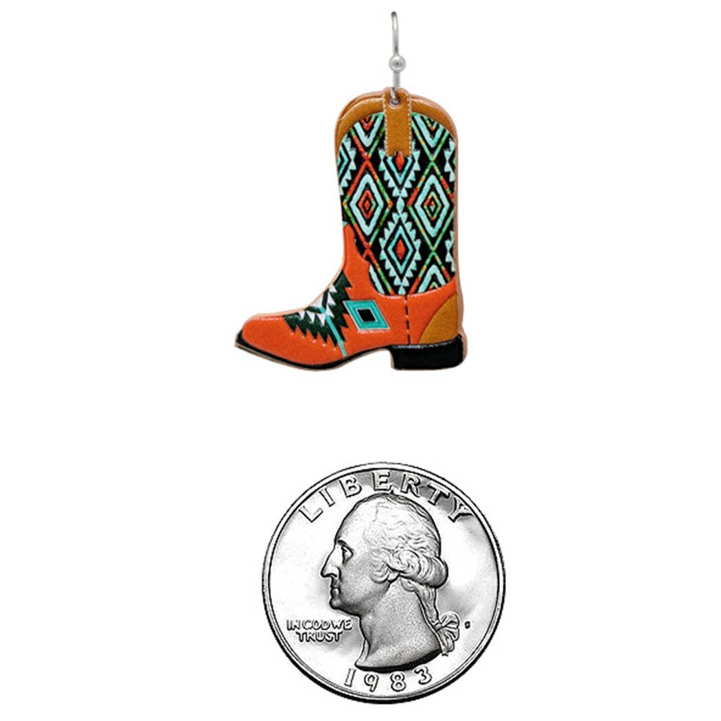 Aztec Pattern Cowboy Boot Leather Earrings