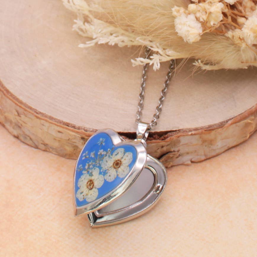 Blue Dried Flower Silver Locket Necklace