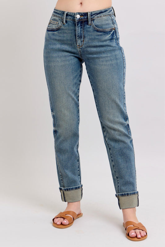 Judy Blue MR Vintage Wash Double Roll Cuff Boyfriend Jean