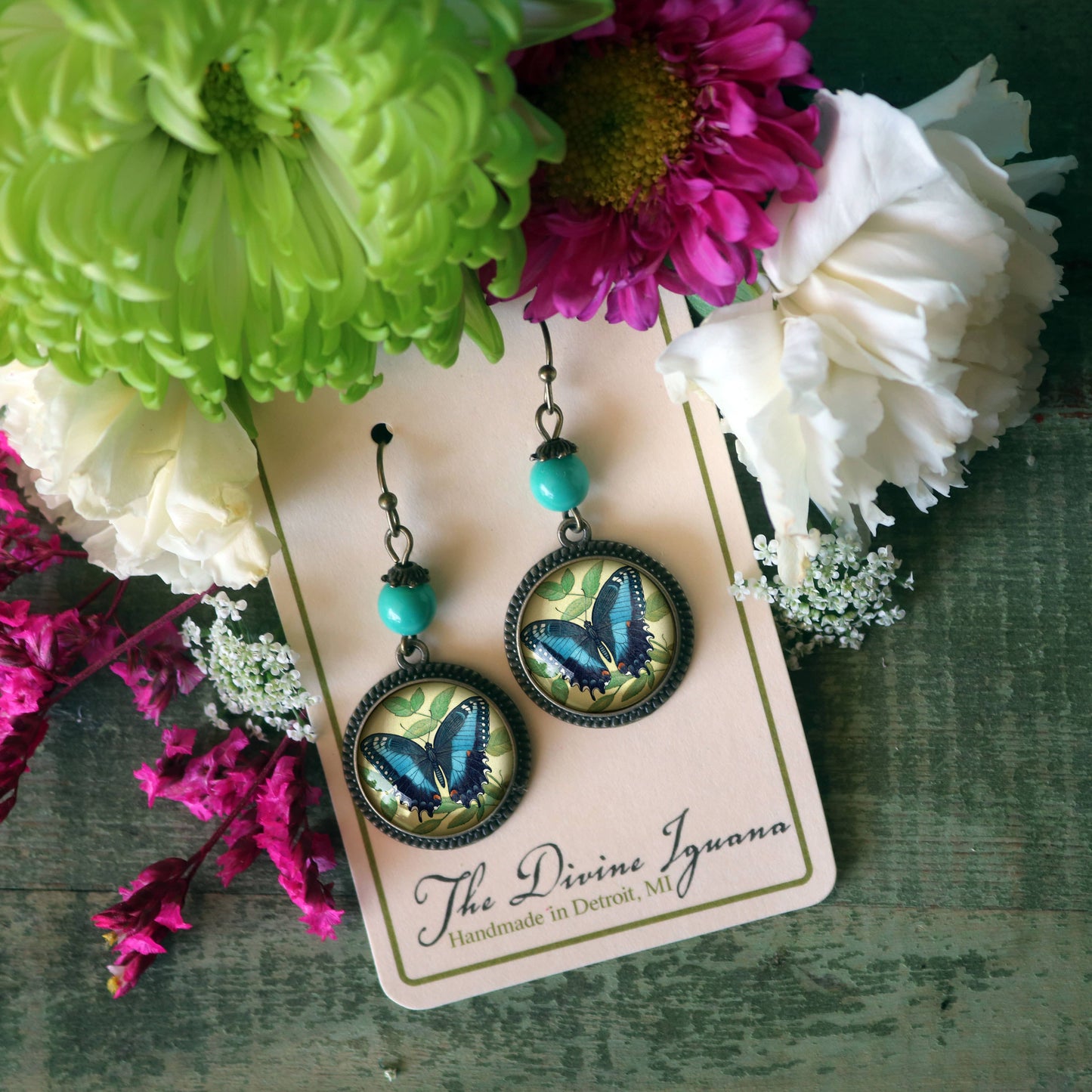Blue Swallowtail Butterfly Glass Cabochon Earrings