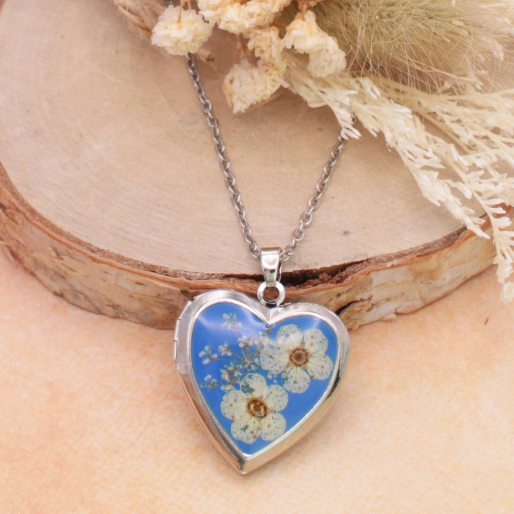 Blue Dried Flower Silver Locket Necklace