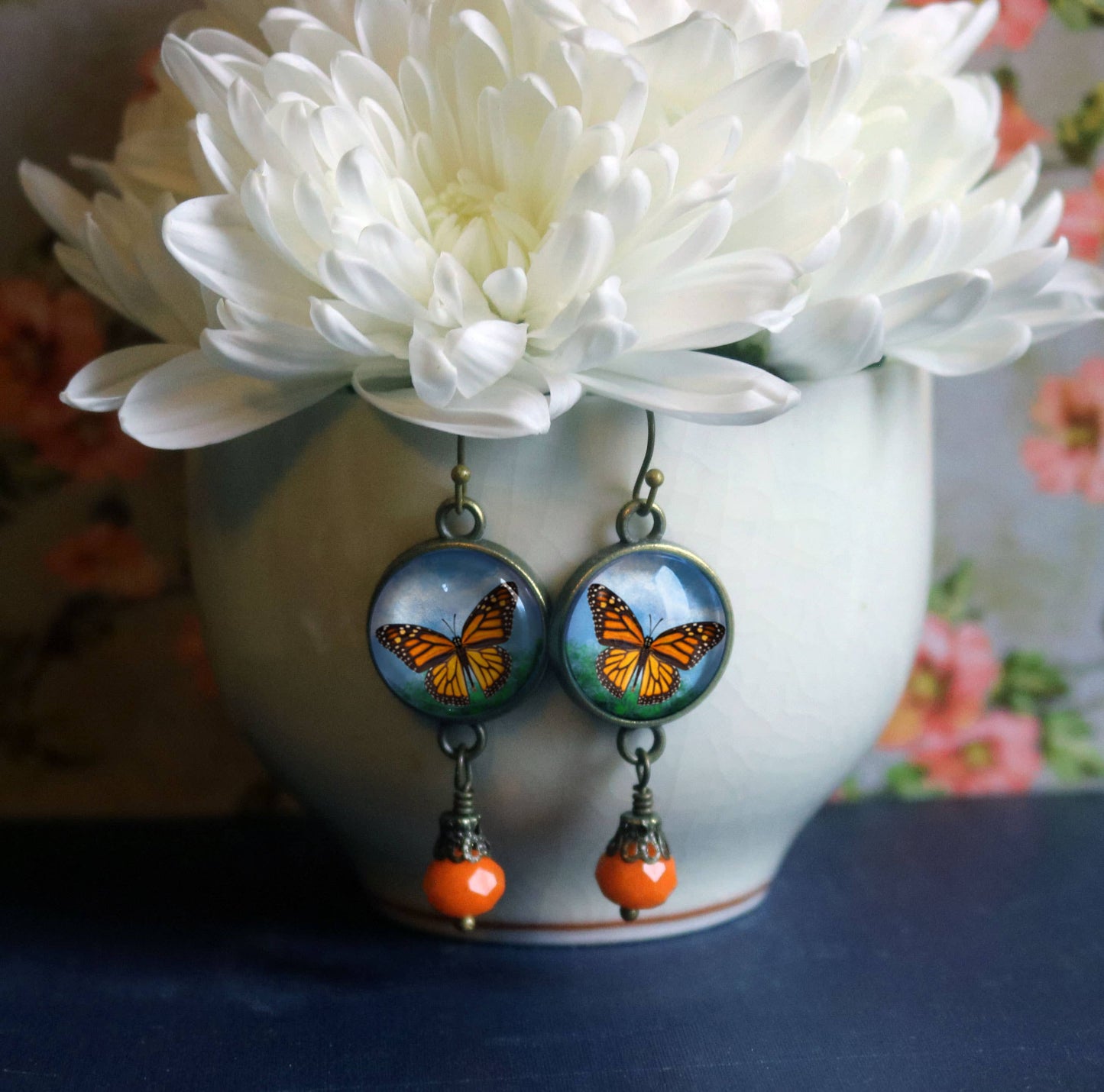 Monarch Butterfly Glass Cabochon and Bronze Earrings