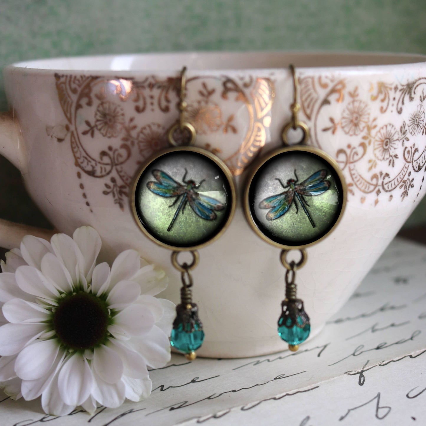 Dragonfly Vintage Inspired Glass Cabochon Earrings