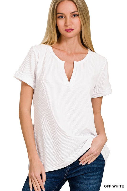 White Waffle Short Sleeve Top