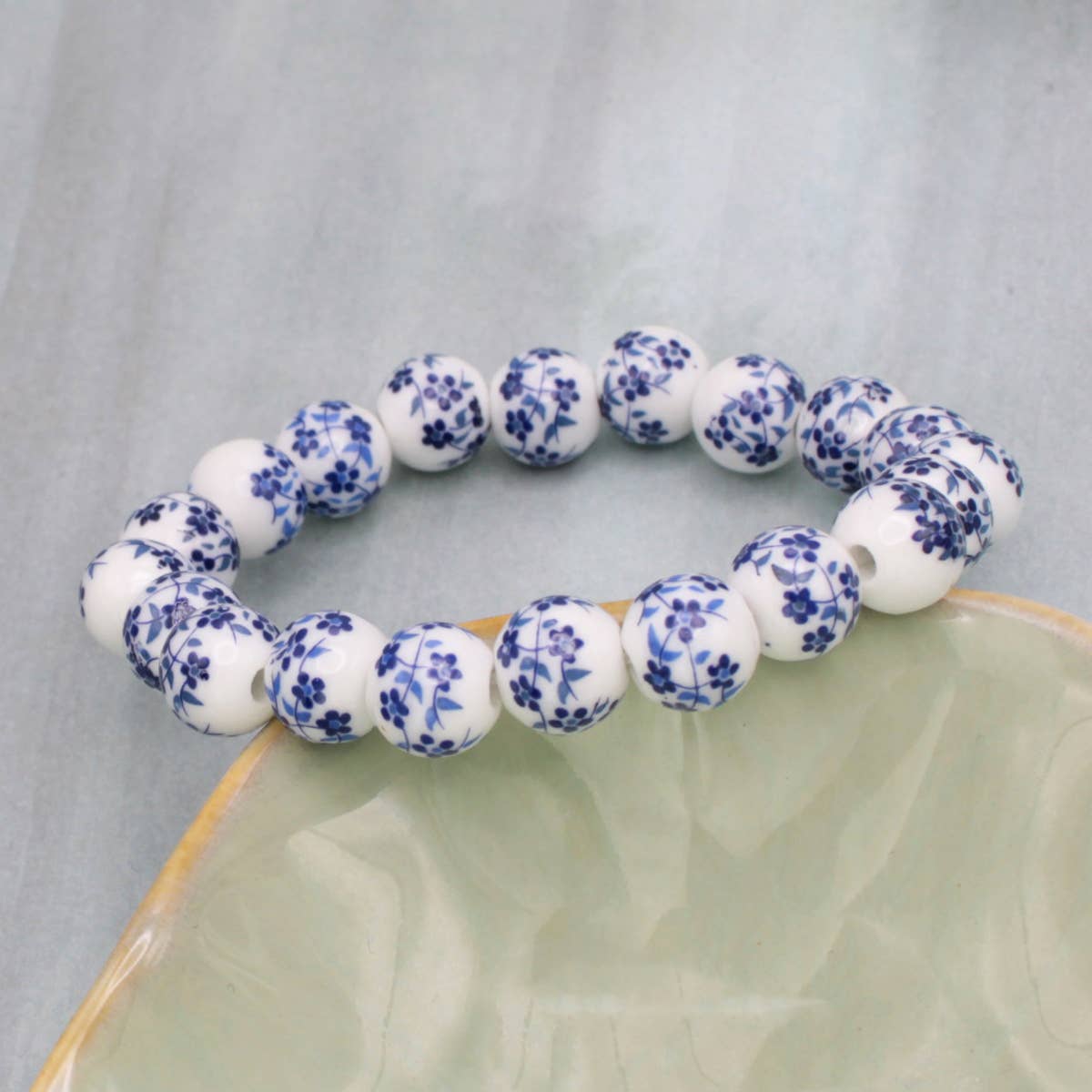 Vintage Blue & White Ceramic Bead Stretch Bracelet