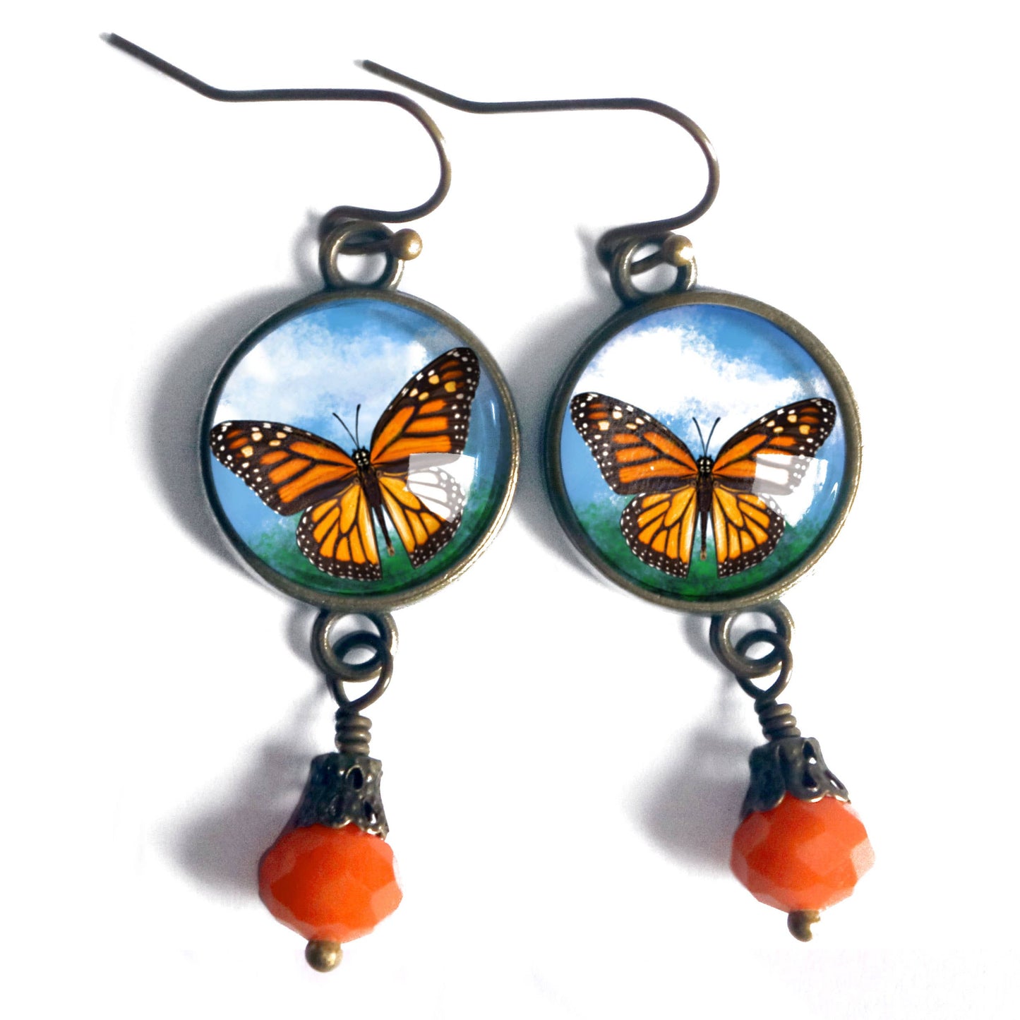 Monarch Butterfly Glass Cabochon and Bronze Earrings