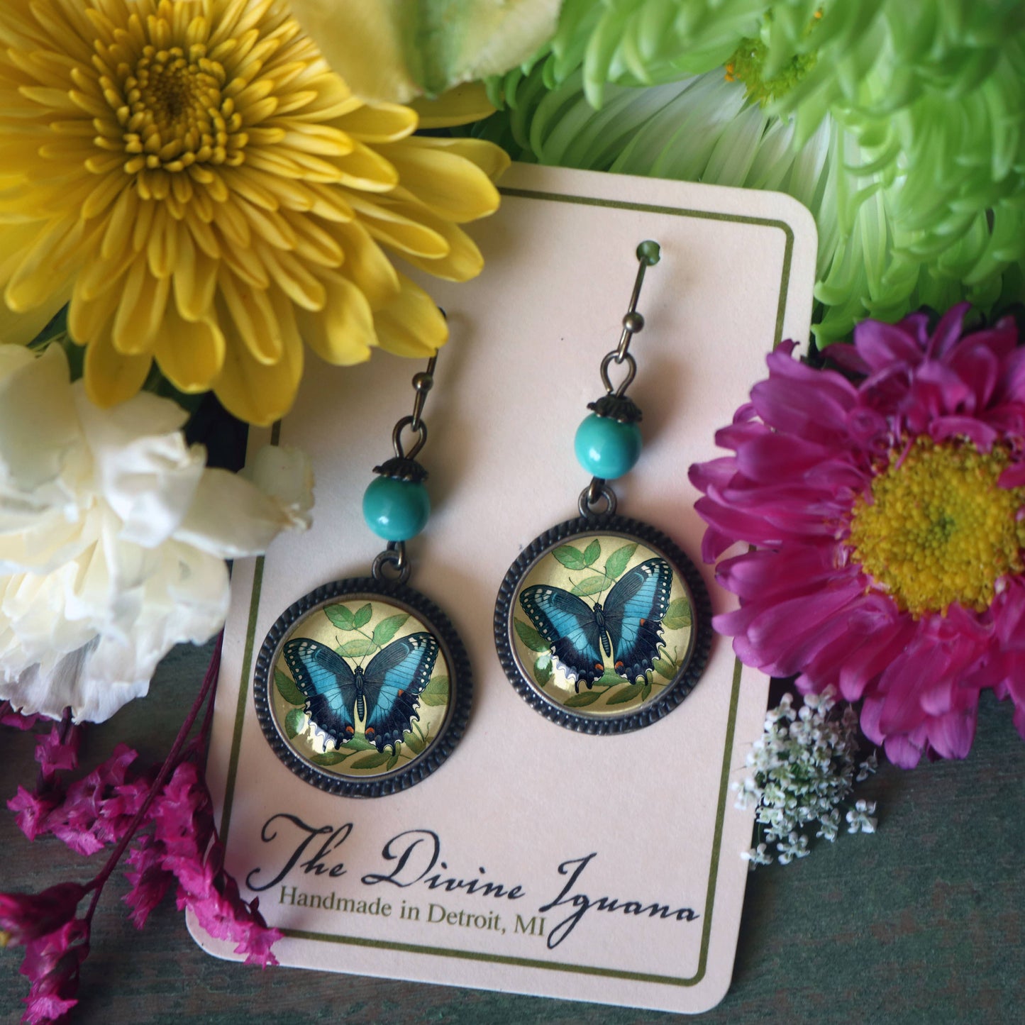 Blue Swallowtail Butterfly Glass Cabochon Earrings