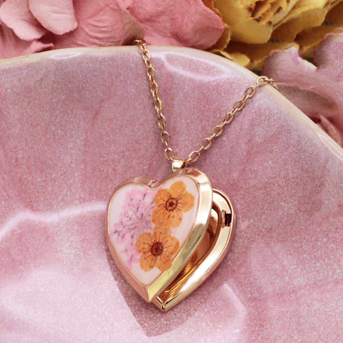 Orange & Pink Dried Flower Locket Necklace