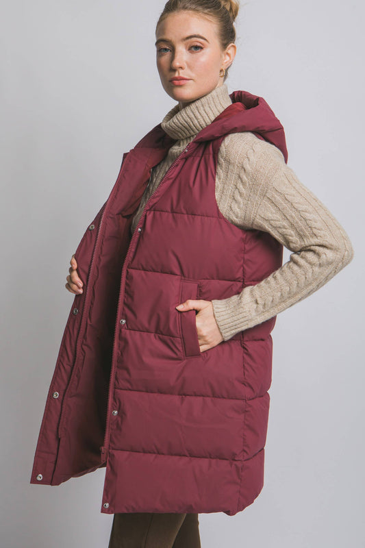Burgundy Hooded Long Quilted Puffer Vest