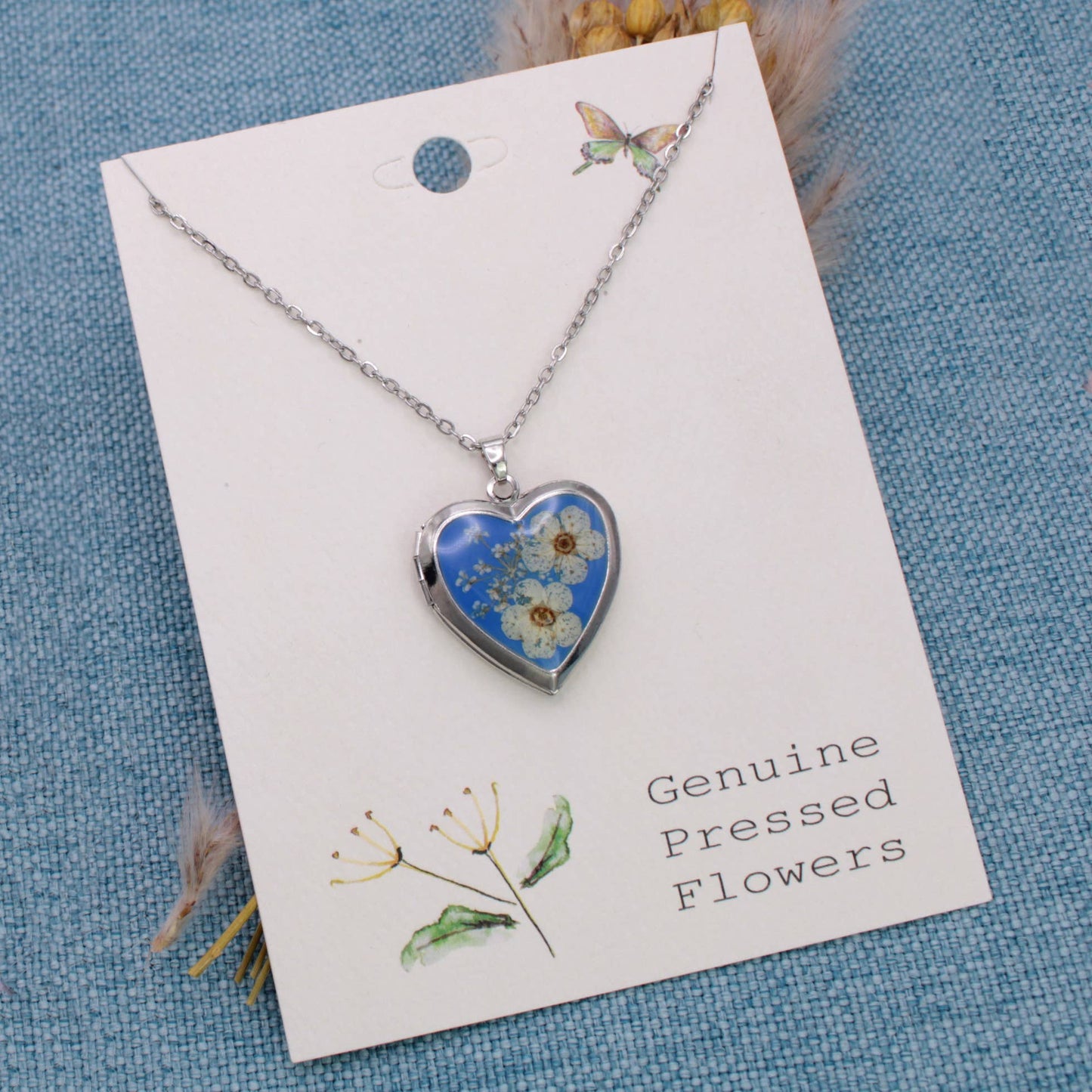 Blue Dried Flower Silver Locket Necklace