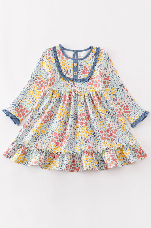 Blue Floral Ruffle Dress