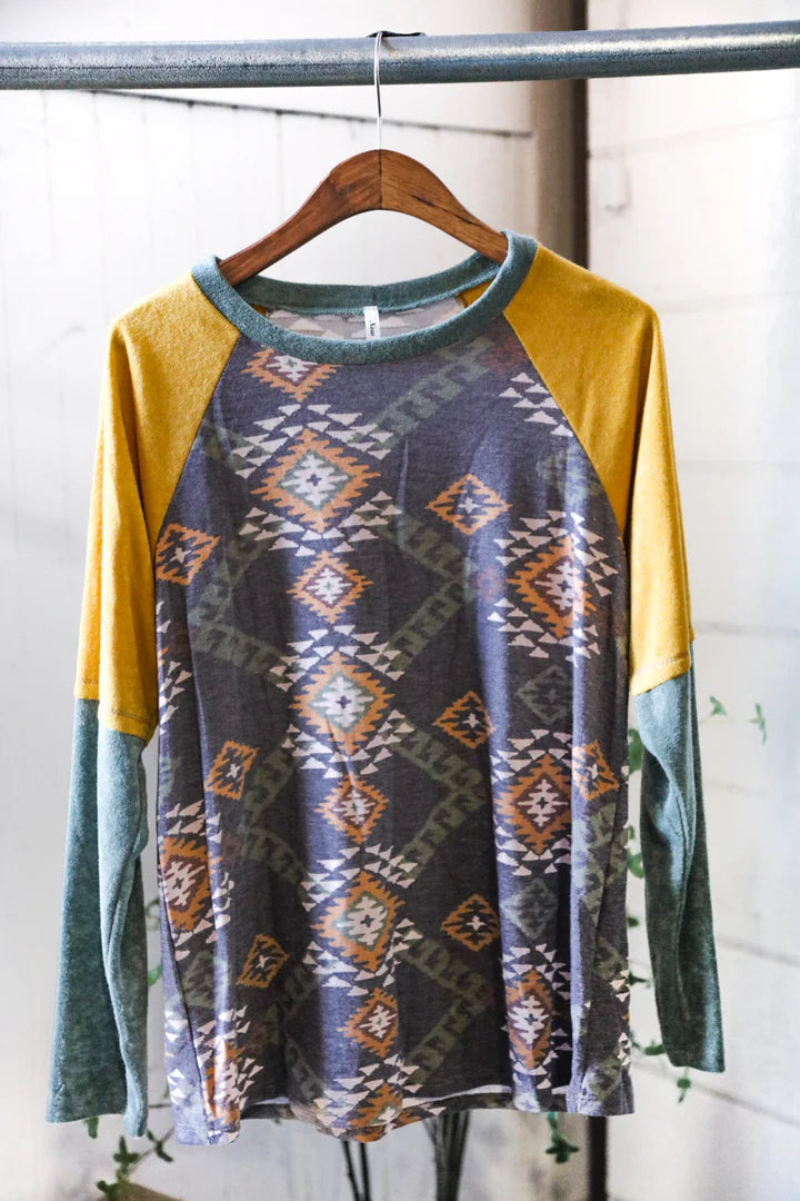 Color Block Tribal Terry Long Sleeve Tee