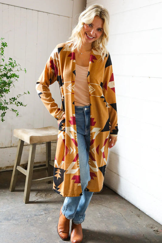 Ethnic Print Pocketed Cardigan