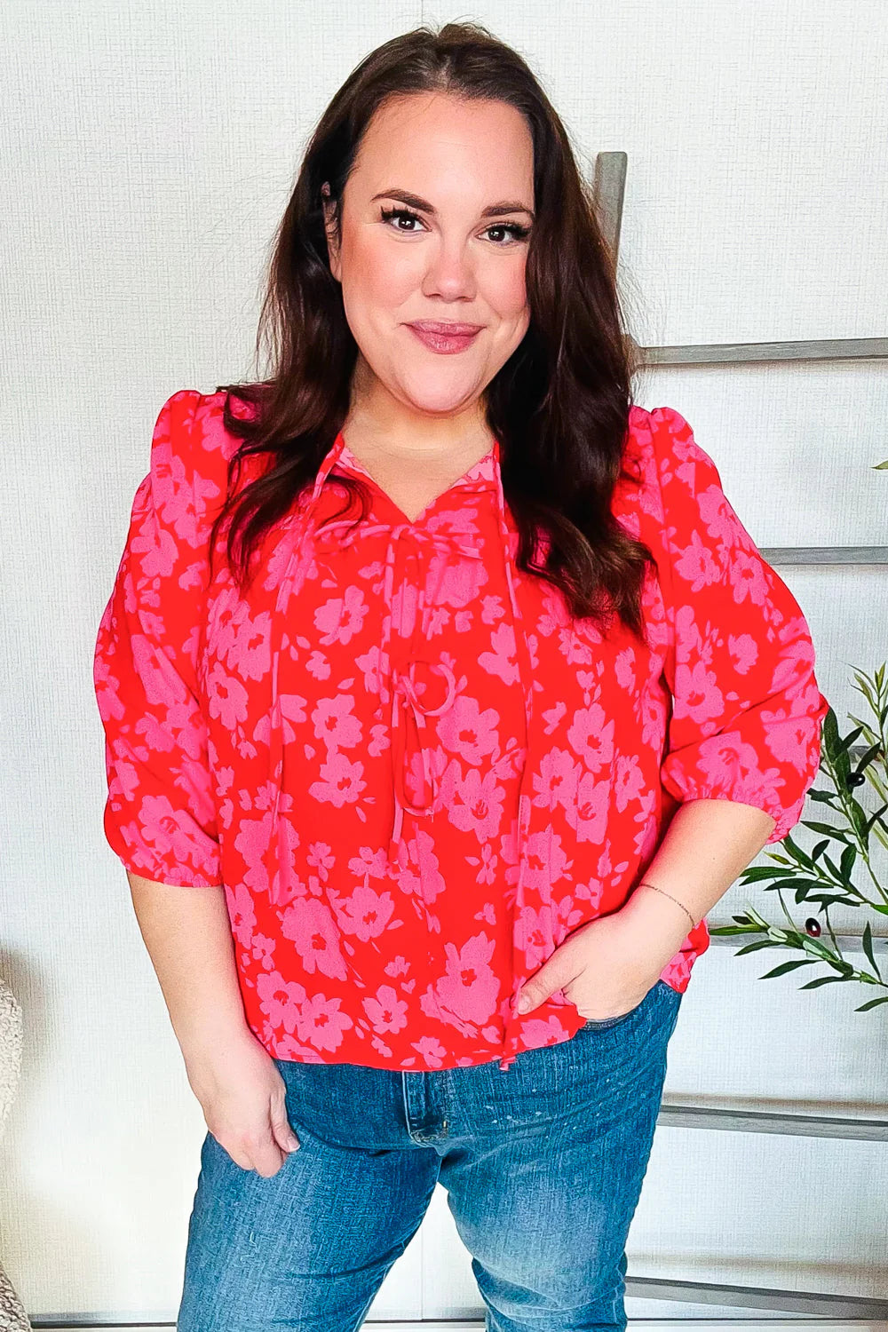 Red Ribbon Floral Blouse