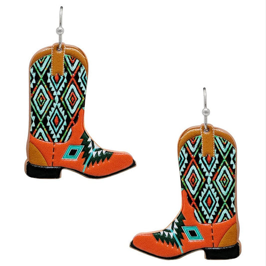 Aztec Pattern Cowboy Boot Leather Earrings