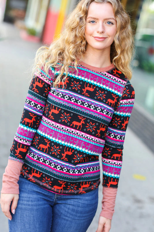 Fuchsia Reindeer Thermal Top