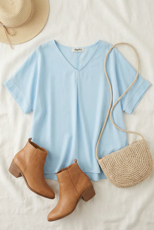 Blue Solid Woven Top