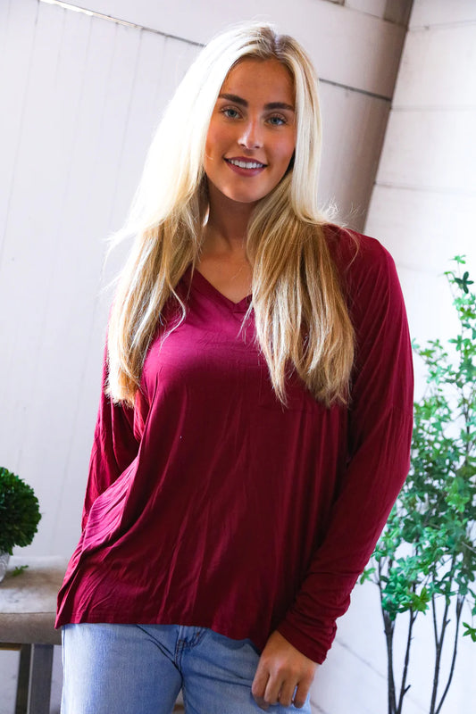 Burgundy V-Neck Dolman Top
