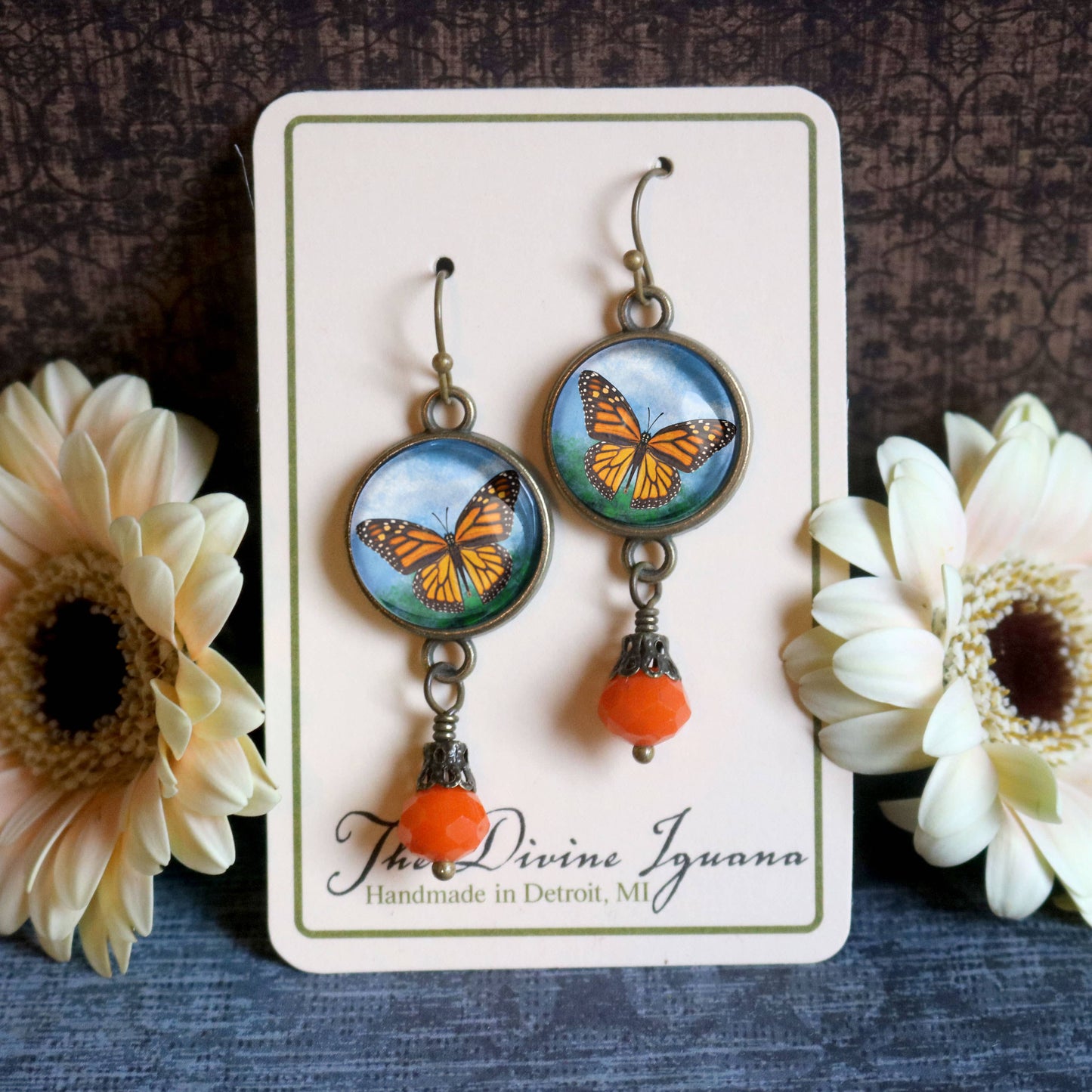 Monarch Butterfly Glass Cabochon and Bronze Earrings