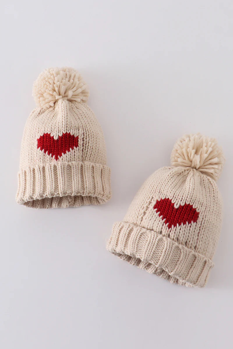 Cream Red Heart Knit Beanie Hat