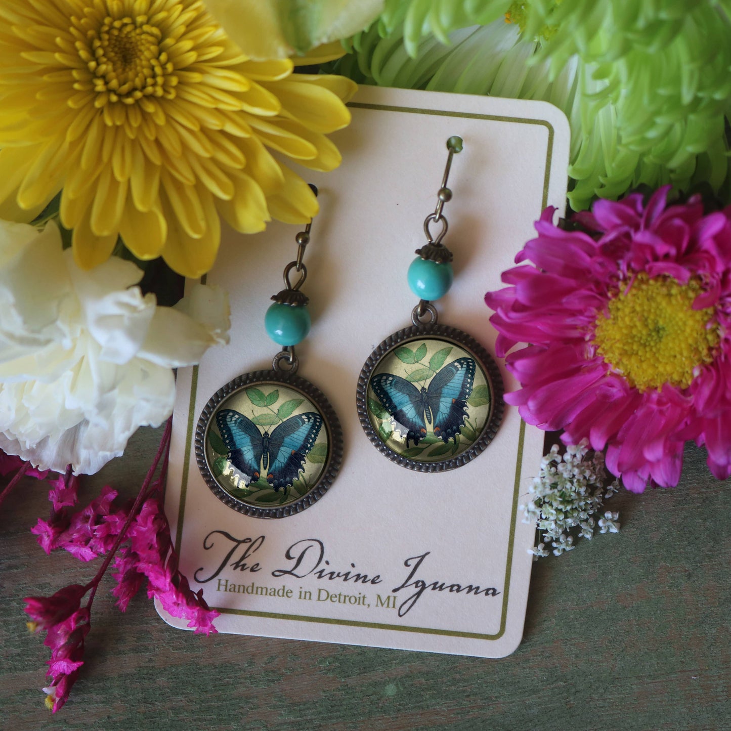 Blue Swallowtail Butterfly Glass Cabochon Earrings