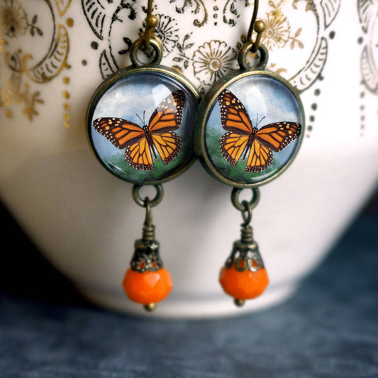 Monarch Butterfly Glass Cabochon and Bronze Earrings
